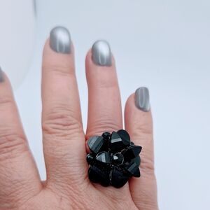 New Black Gem Flower Ring Black Rhinestone Statement, Adjustable No Tags